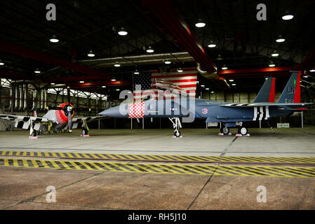 An F-15E Strike Eagle assigned to the 492nd Fighter Squadron is painted in the heritage colors of its World War II P-47 Thunderbolt predecessor at Royal Air Force Lakenheath, England Jan 31. The 48th Fighter Wing officially unveiled the aircraft publicly during a ceremony on Jan 31. (U.S. Air Force photo/Tech. Sgt. Matthew Plew) Stock Photo