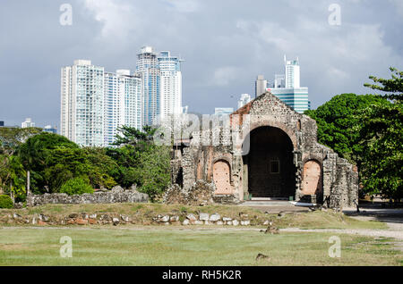 Ruins of Conception Nuns Convent at Panama Viejo. Costa del Este buildings are in the distance Stock Photo