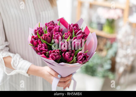 Bouquets of violet tulips. Spring flowers from Dutch gardener. Concept of a florist in a flower shop. Wallpaper. Stock Photo