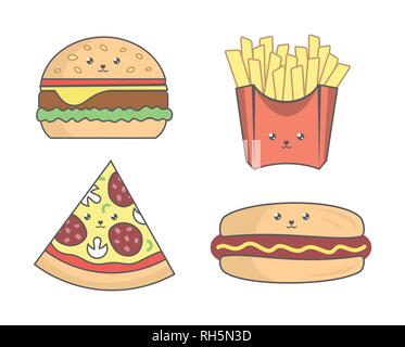 Fast food in trendy kawaii style on white background Stock Vector