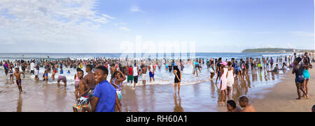 Durban, South Africa - January 6th, 2019: Panoramic view of the beach full of people in Durban next to the UShaka Marine World, South Africa. Stock Photo