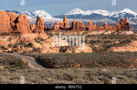 Garden of Eden with Scenic Road winding through vast Monoliths and Arches, Utah. Stock Photo
