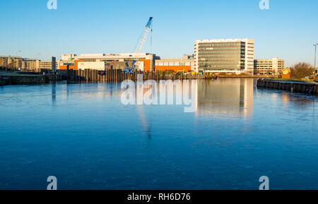 Leith, Edinburgh, Scotland, United Kingdom, 1st February 2019. UK Weather: Unusual phenomenon of a frozen water in Albert Dock Basin in Leith Harbour with buildings at Ocean Terminal and the construction site with a crane reflected in the icy surface of the water Stock Photo