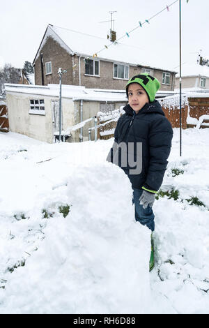 Reading, UK. 1st Feb 2019. UK Weather: Young boys play in the snow in a back garden in Reading and make a snowman. Three inches of snow fell overnight and school is cancelled for the day. Matthew Ashmore/Alamy Live News Stock Photo