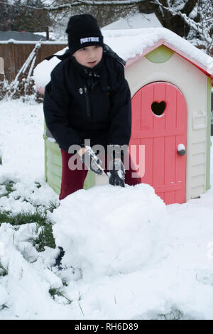 Reading, UK. 1st Feb 2019. UK Weather: Young boys play in the snow in a back garden in Reading and make a snowman. Three inches of snow fell overnight and school is cancelled for the day. Matthew Ashmore/Alamy Live News Stock Photo