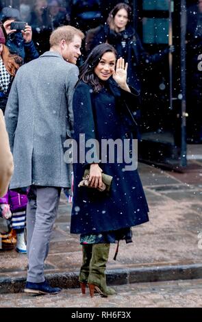 Bristol, UK. 1st Feb 2019. Prince Harry and Meghan, Duke and Duchess of Sussex arrive at the Bristol Old Vic in Bristol, on February 1, 2019, to meet members of the public, learn more about the city?s rich cultural history and visit organisations supporting communities most in need Photo: Albert Nieboer/ Netherlands OUT/Point de Vue OUT | Credit: dpa picture alliance/Alamy Live News Stock Photo