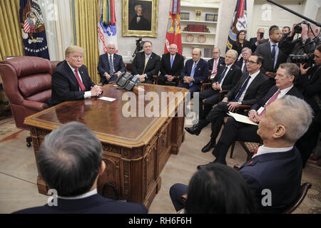 January 31, 2019 - Washington, District of Columbia, U.S. - United States President Donald J. Trump, and, from left, US Vice President Mike Pence, US Secretary of State Mike Pompeo, US Secretary of Commerce Wilbur L. Ross, Jr., Director of Trade and Industrial Policy, Director of the White House National Trade Council Peter Navarro, United States Secretary of the Treasury Steven T. Mnunchin, and United States Trade Representative Robert Lighthizer, meet with, Liu He, Member of the Political Bureau of the Central Committee of the Communist Party of China and Vice Premier of the PeopleÃ-s Republ Stock Photo
