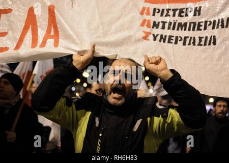 Athens, Greece. 31st Jan, 2019. A man seen shouting slogans during the protest.People demonstrated at the US Embassy to show solidarity with Venezuela in Athens, Greece. Credit: Giorgos Zachos/SOPA Images/ZUMA Wire/Alamy Live News Stock Photo