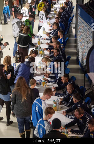 Stuttgart, Germany. 01st Feb, 2019. Handball: All Star Game 2019, All Star team against the German national team. Players of the All Star team sign autographs during an autograph session. Credit: Marijan Murat/dpa/Alamy Live News Stock Photo