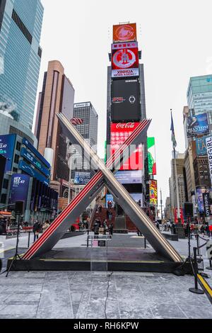 New York, New York, USA. 1st Feb, 2019. An X-shaped artwork is seen at Times Square in New York City in the United States on Friday, January 1, 2006. The 6-meter-high work celebrates ''Valentines Day'' on February 14, but work is from day 1 to day 28/2. At the center of the work is seen the phrase ''In Difference, Add Equality, Find Love, Do not Forget the Flowers' Credit: William Volcov/ZUMA Wire/Alamy Live News Stock Photo