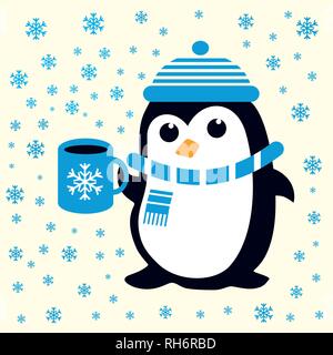 Funny cute penguin in blue hat, scarf with blue cup with snowflake. For baby and nursery Christmas fabric, wallpaper, giftwrap Stock Vector
