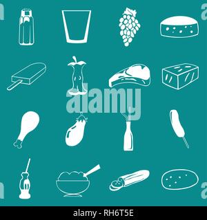 Vector Food, Vegetable and Drinks Icon Set On Flat UI Color Background Stock Vector