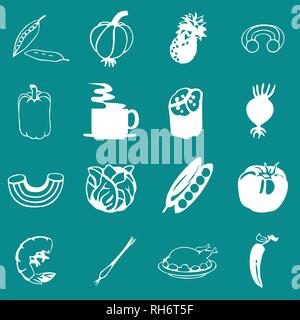 Vector Food, Vegetable and Drinks Icon Set On Flat UI Color Background Stock Vector