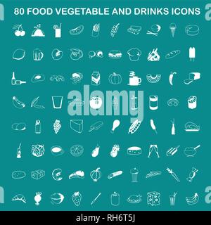 80 Vector Food, Vegetable and Drinks Icon Set On Flat UI Color Background Stock Vector