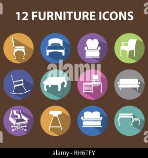 Set Of 12 Editable Furniture Icons in coloful circle with shadows. Can Be Used For Web, Mobile, UI And Infographic Design. Vector illustration isolate Stock Vector