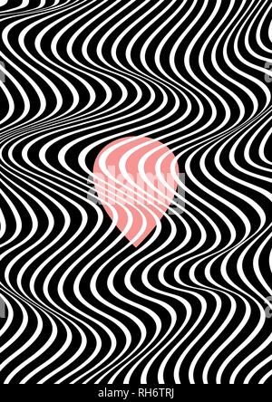 Abstract vertical wavy geometric pattern. Vector texture with black and white waves, stripes. Red design element in the middle. Dynamical 3D effect. Stock Vector