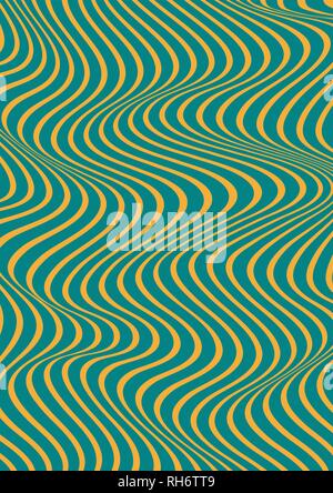 Abstract vertical wavy geometric pattern. Vector texture with yellow and blue or green waves, stripes. Dynamical 3D effect, illusion of movement. Stock Vector