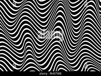 Abstract horizontal wavy geometric pattern. Vector texture with black and white waves, stripes. Dynamical 3D effect, illusion of movement.