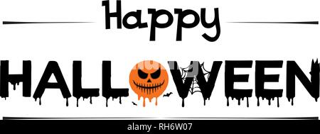 Vector poster with type of Happy Halloween with pumpkin, bat, spider and web isolated on white background. For banner, greeting card, party invitation. Stock Vector
