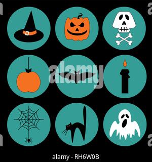 Halloween vector set of icons and symbols. Scary black background cartoon doodle. Vector illustration isolated on blue circle. Stock Vector