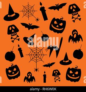 Halloween black icon set. Orange background. Design elements for greeting, invitation or poster. Stock Vector