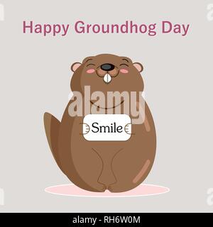 Funny groundhog with smile card. Vector Design with Cute Marmot Character - Advertising Poster or Flyer Template Stock Vector