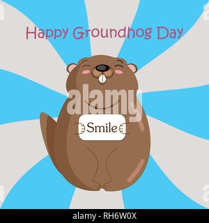 Happy Groundhog Day Vector Illustration  Design with Cute Marmot Character Blue and Grey Background Stock Vector