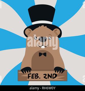 Funny groundhog in black hat on blue and grey stripes background. Vector Design with Cute Marmot Character - Advertising Poster or Flyer Template Stock Vector