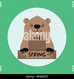 Funny groundhog on round green background with spring card. Vector Design with Cute Marmot Character - Advertising Poster or Flyer Template Stock Vector