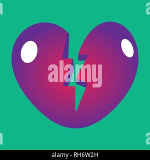 Neon red and ultra violet gradient  vector broken heart icon ideal for valentines day and wedding isolated on green Stock Vector