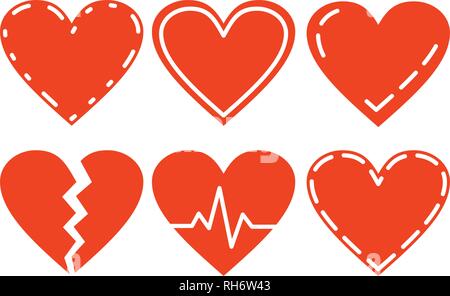 Red Heart Icons Set, ideal for valentines day and wedding. Vector illustration isolated on white Stock Vector