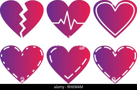 violet and neon red gradient Heart Icons Set, ideal for valentines day and wedding. Stock Vector