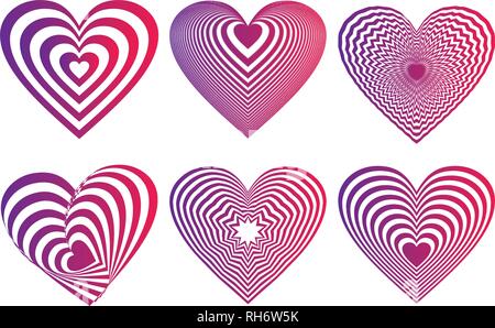 violet and neon red gradient Heart Icons Set, ideal for valentines day and wedding. Vector illustration isolated on white. Stock Vector
