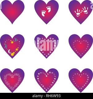 Ultra violet and neon red gradient Heart Icons Set, ideal for valentines day and wedding. Vector illustration isolated on white. Ultra violet. Stock Vector