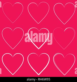 White outline Heart Icons Set, ideal for valentines day and wedding. Vector illustration isolated on Neon Red Stock Vector