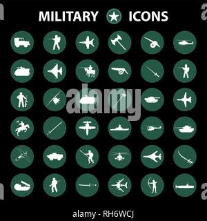War burden icons set. Simple set of 36 Equipment Accessories vector icons for web isolated on green circle. Black background Stock Vector