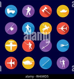 Flat war burden icons set. Simple set of 16 Equipment Accessories vector icons for web isolated on red yellow and violet circle. Dark blue background Stock Vector