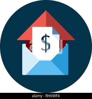 Blue flat icon. Open envelope and message object with red house element and "$" symbol. Emailing concept white background. Spam and sms writing. Stock Vector