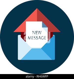 Blue flat icon. Open envelope and message object with red house element and text "NEW MESSAGE". Emailing concept whitebackground. Spam and sms writing Stock Vector