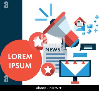 Infographic flat design concept of Advertising and Promo, Marketing and News Production with place for text. Modern thin line icon concept for Website. Stock Vector
