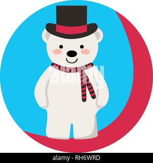 New Year Characters. Funny happy bear with black hat and scarf.Beautiful vector illustration with nice, smiling  bear. Christmas card, poster. Stock Vector