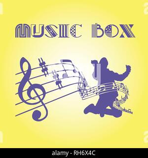 Jumping man silhouete with notes on yellow gradient background with MUSIC BOX text. Music concept. Ultra violet color. Stock Vector