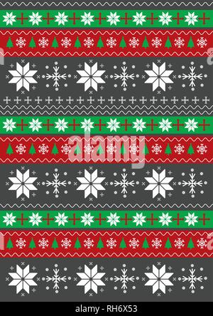 Merry Christmas Happy New Year greeting card frame knitted pattern with snowflakes. Traditional sweater pattern. Red and green stripe background. Stock Vector