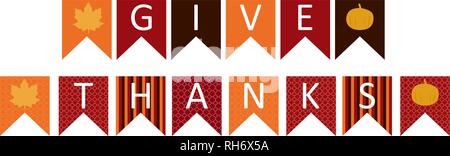 Give thanks sign text in triangle colorful Icon. Celebration quotation for card vector illustration. Modern design poster with leaves and pumpkin. Stock Vector