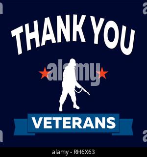 Veteran day poster. Soldier with gun, two patriotic old red stars, 'THANK YOU VETERANS' text and dark blue military background Stock Vector