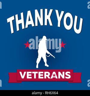 Veteran day poster. Soldier with gun, two patriotic old red stars, 'THANK YOU VETERANS' text and dark blue gradient military background Stock Vector