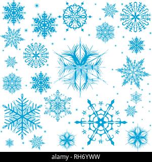 Snowflake vector icon background set blue color. Winter white christmas snow flake crystal element. Weather illustration ice collection. Stock Vector