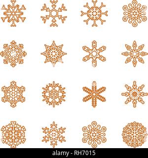 Snowflake vector icon background set golden color. Winter white christmas snow flake crystal element. Weather illustration ice collection. Stock Vector