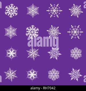 Snowflake vector icon background set proton purple color. Trend 2019. Winter white christmas snow flake crystal element. Weather illustration. Stock Vector