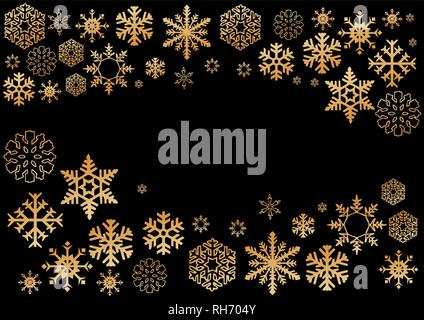 Snowflakes and circles border vector icon background set gold gradient color. Weather illustration ice collection. New Year card border. Stock Vector